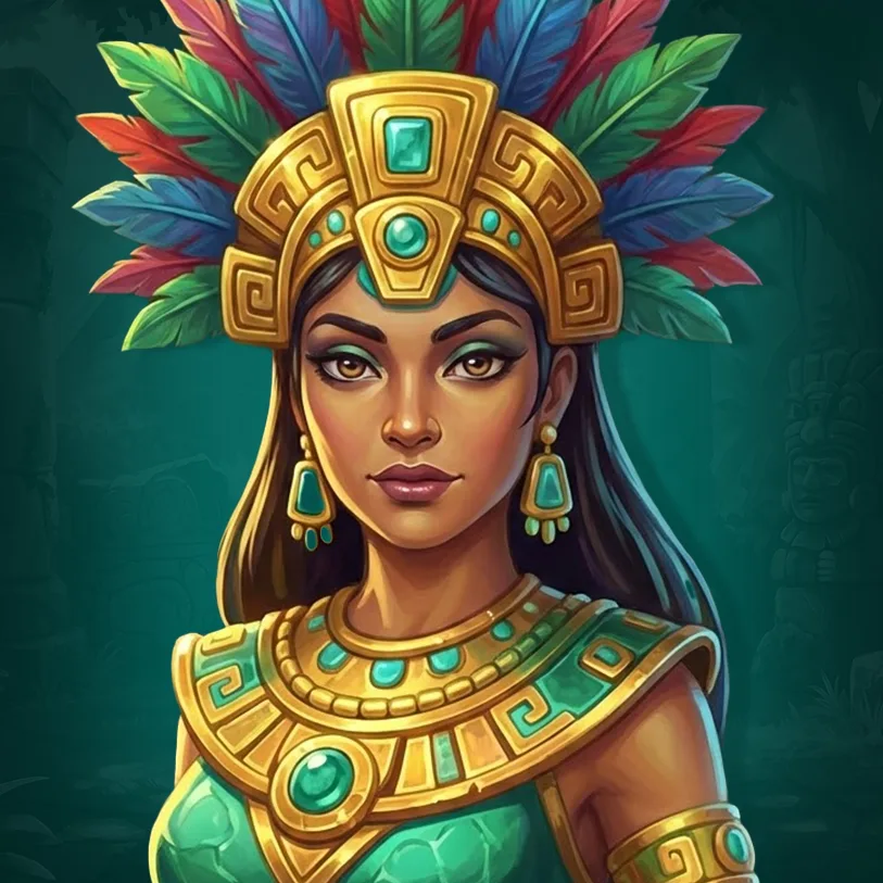 Aztec-inspired slot game character artwork featuring a royal female figure with feathered headdress and jade-gold ornaments.
