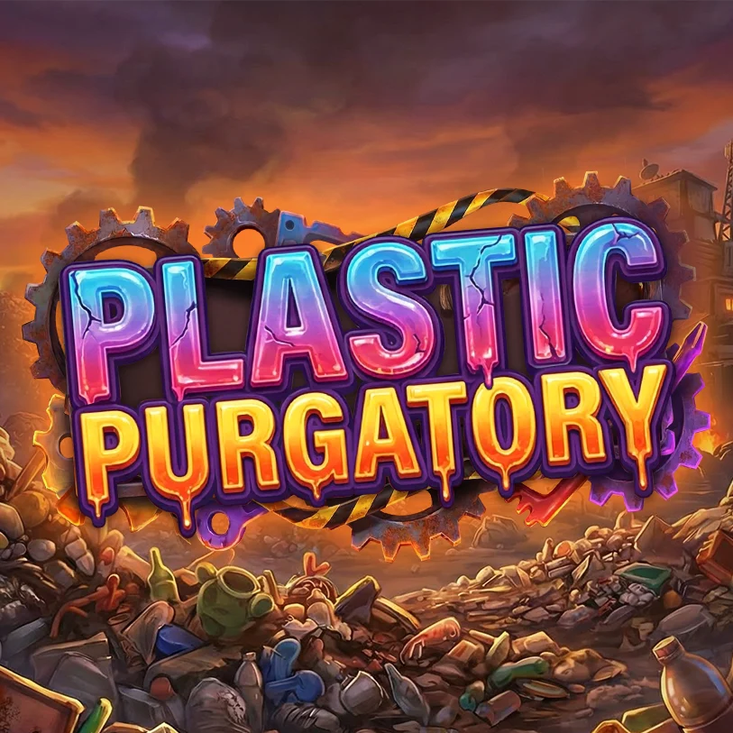 Plastic Purgatory slot game logo featuring bold typography and post-apocalyptic themed background.