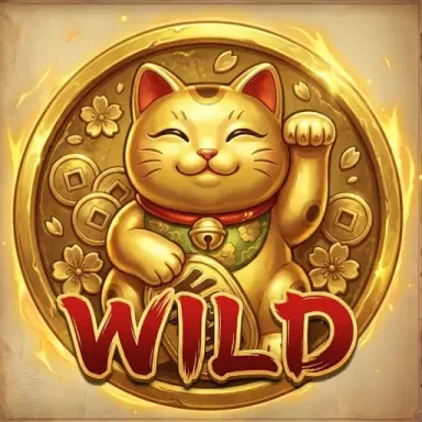 Lucky cat wild symbol artwork with gold coin design created for casino slot games.