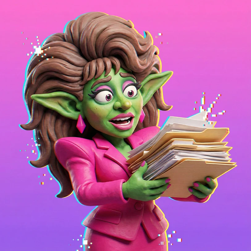 Cartoon goblin character artwork holding documents, designed for fantasy-themed slot games.