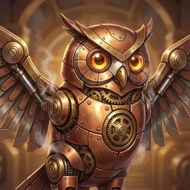 Steampunk owl character artwork with mechanical wings and metal details designed for slot games.