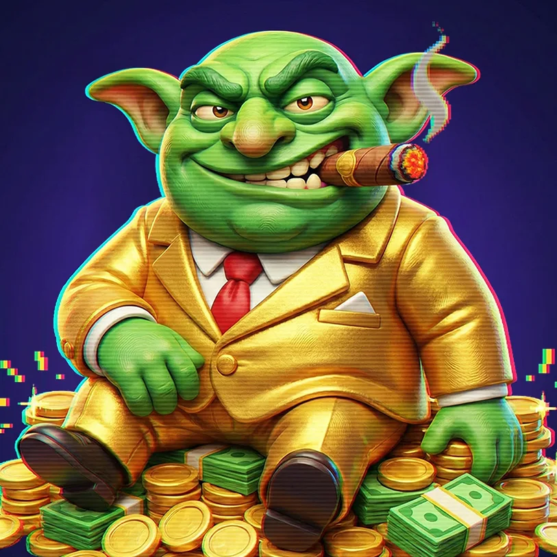 Goblin character in gold suit sitting on coins and cash, illustrated for casino slot game theme.