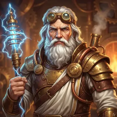 Elder wizard character wielding electric staff in steampunk armor, designed for fantasy slot gameplay.
