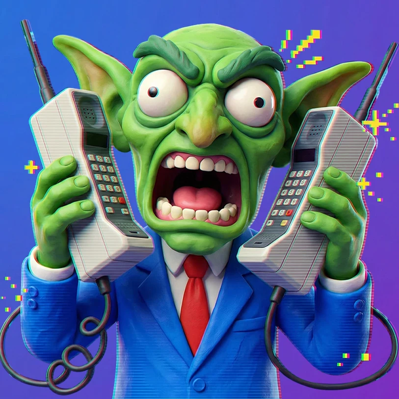 Cartoon goblin character artwork holding vintage phones, designed for a chaotic and humorous slot game theme.