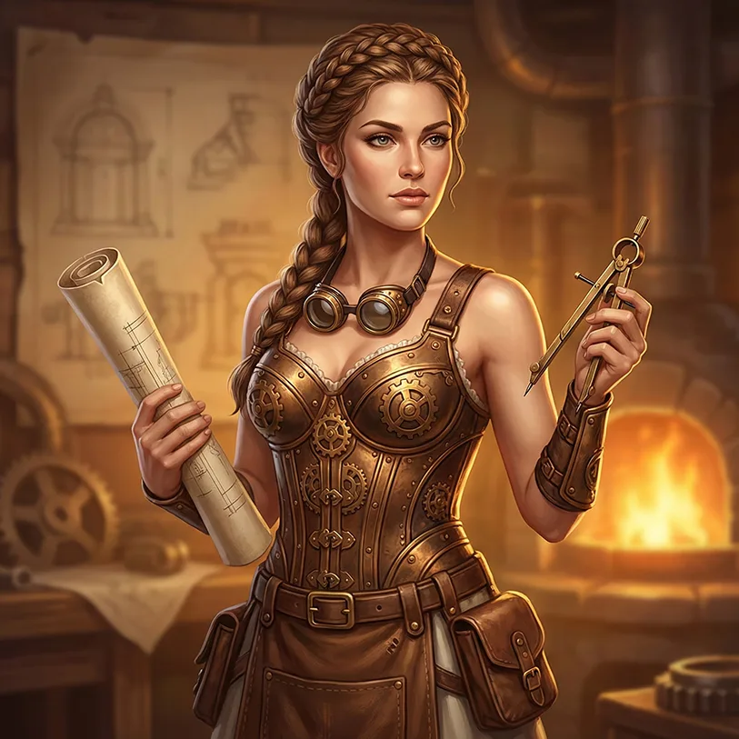 Steampunk female engineer character holding blueprints and tools, crafted for fantasy slot game art.