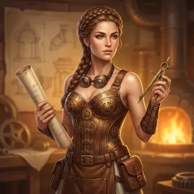 Steampunk female engineer character holding blueprints and tools, crafted for fantasy slot game art.