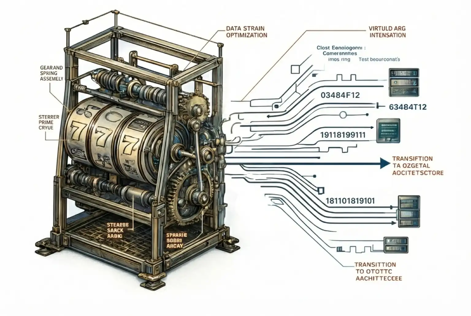 Illustration of a mechanical slot machine engine with gears and reels displaying 777, connected to digital data streams representing backend processing, optimization, and real-time system architecture.